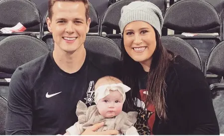 spencer ladd hardy with her hsuband will hardy and daughter elliott hardy watching basketball game